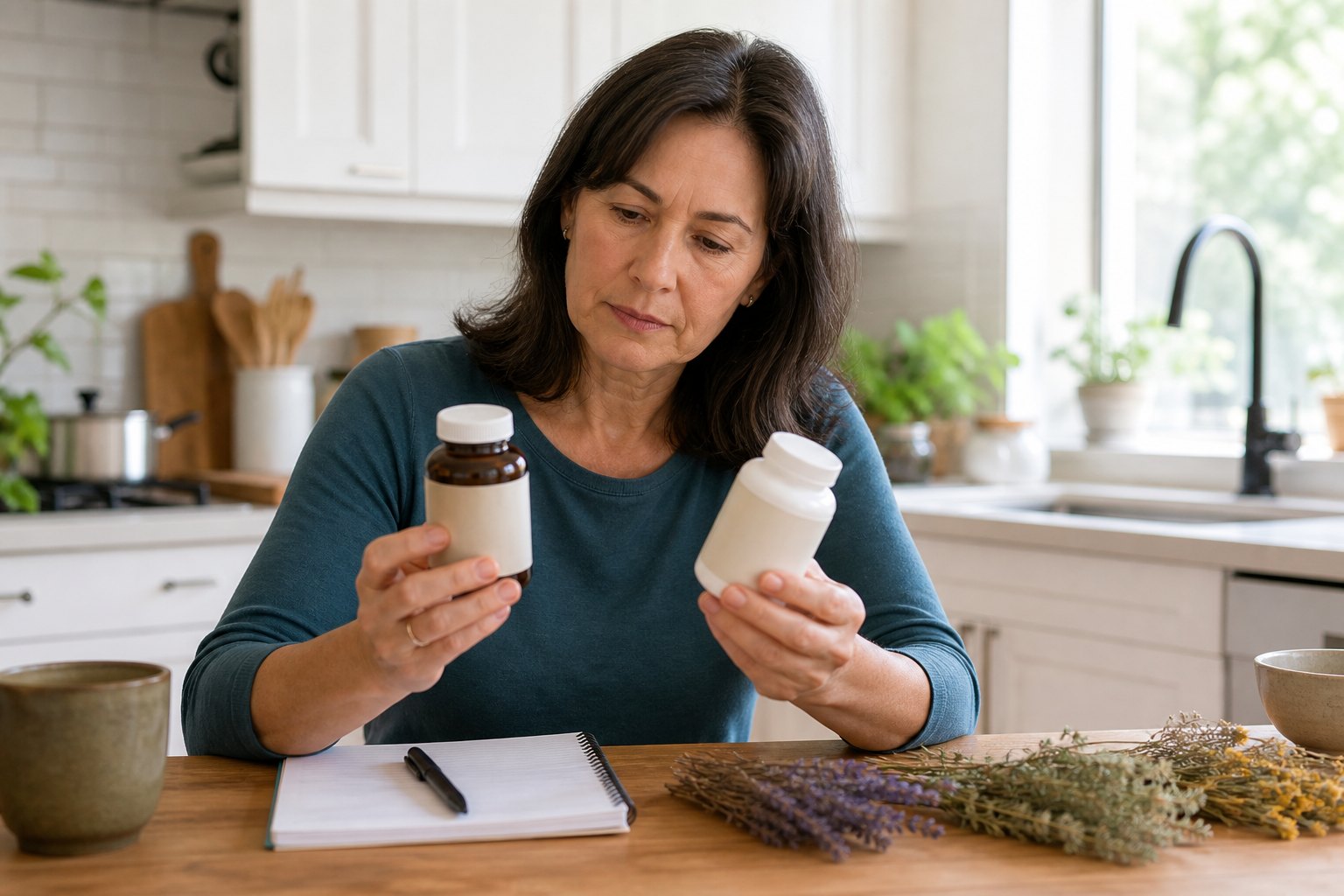 Mature woman comparing unbranded botanical labels with a notebook