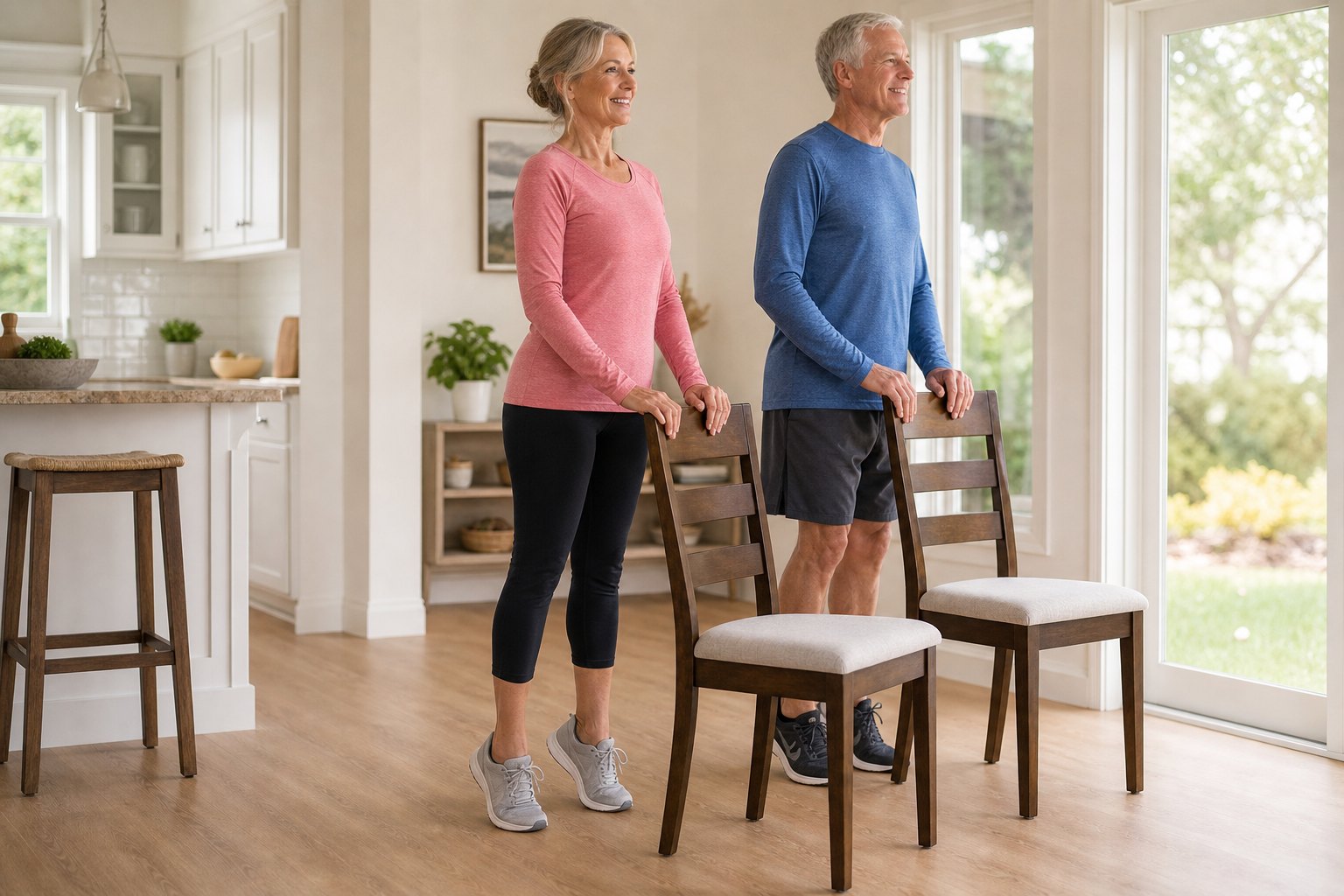 Mature couple safely performing calf raises with a sturdy chair