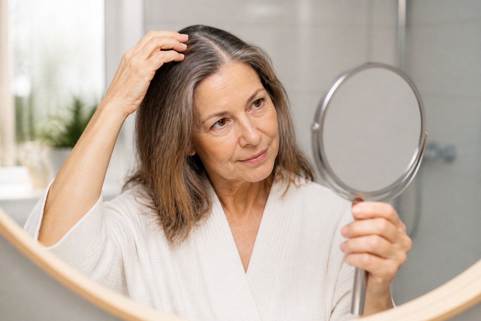 Mature woman examining her hair part in a mirror