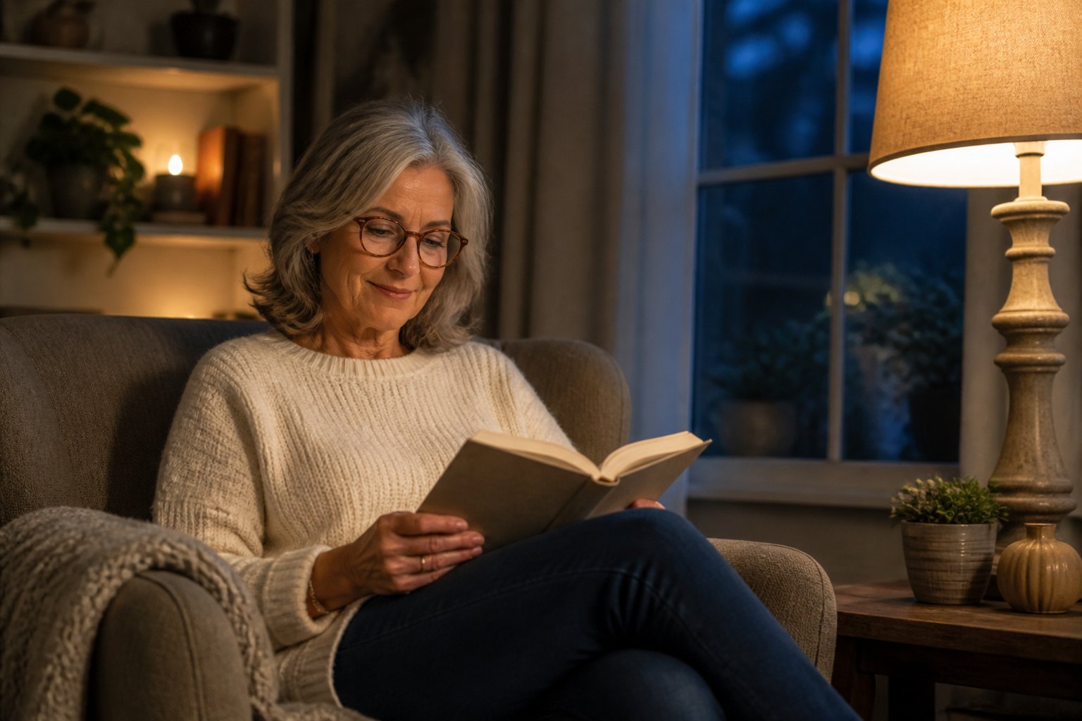 Mature woman reading during a calm evening wind-down routine