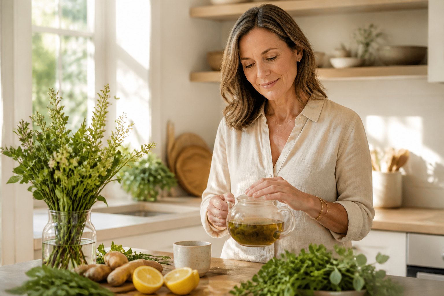 Woman preparing herbal tea in a bright kitchen
