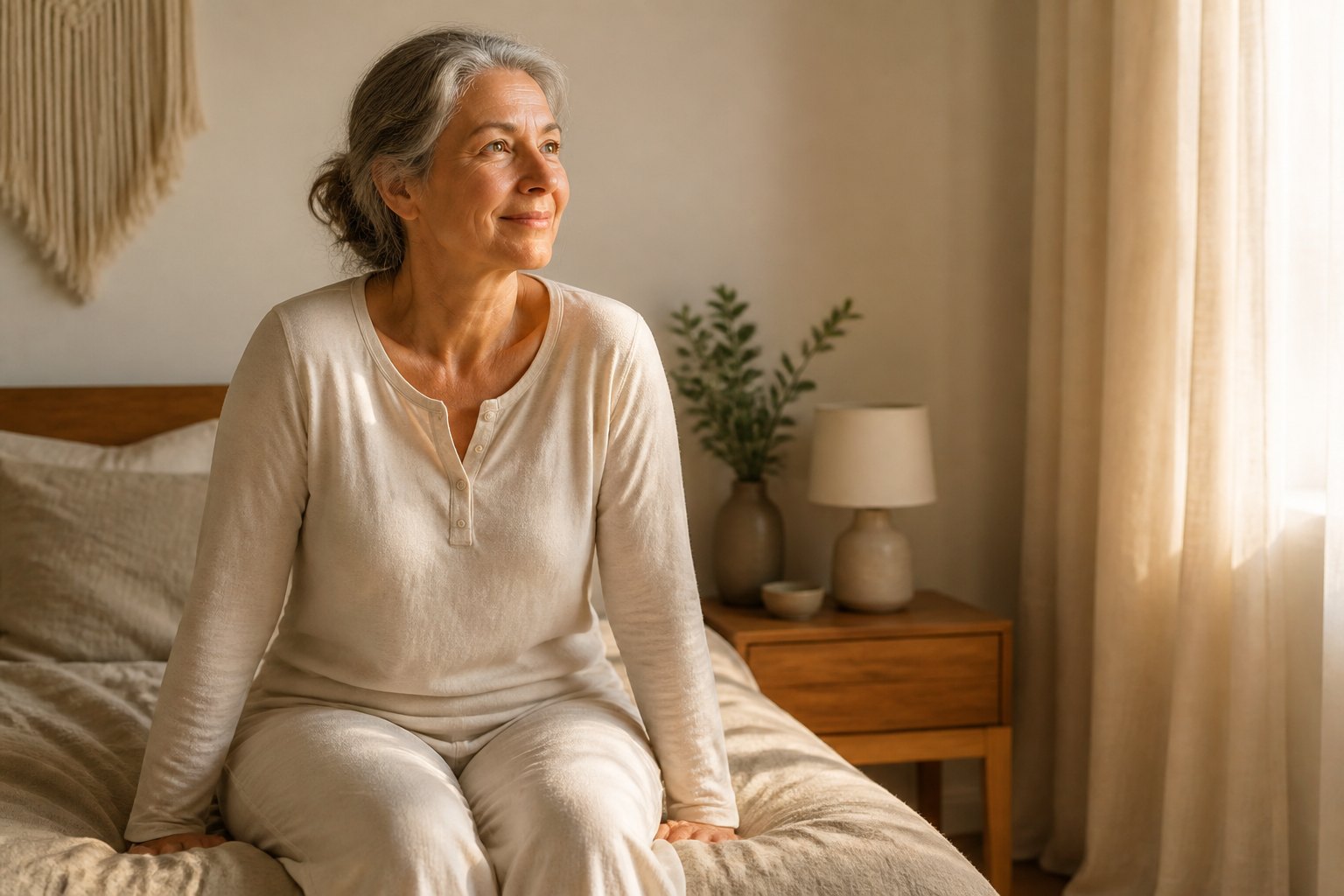 Woman waking refreshed in a sunlit bedroom